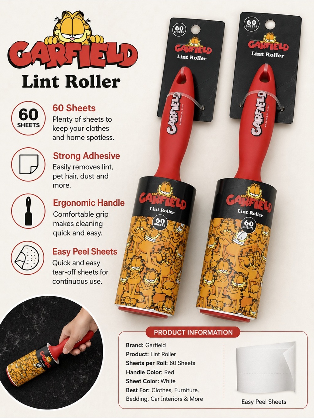Garfield Red Lint Roller with Ergonomic Handle - 60 Sheets